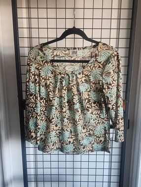 cleo Blue & Brown Floral Scoop Neck Blouse